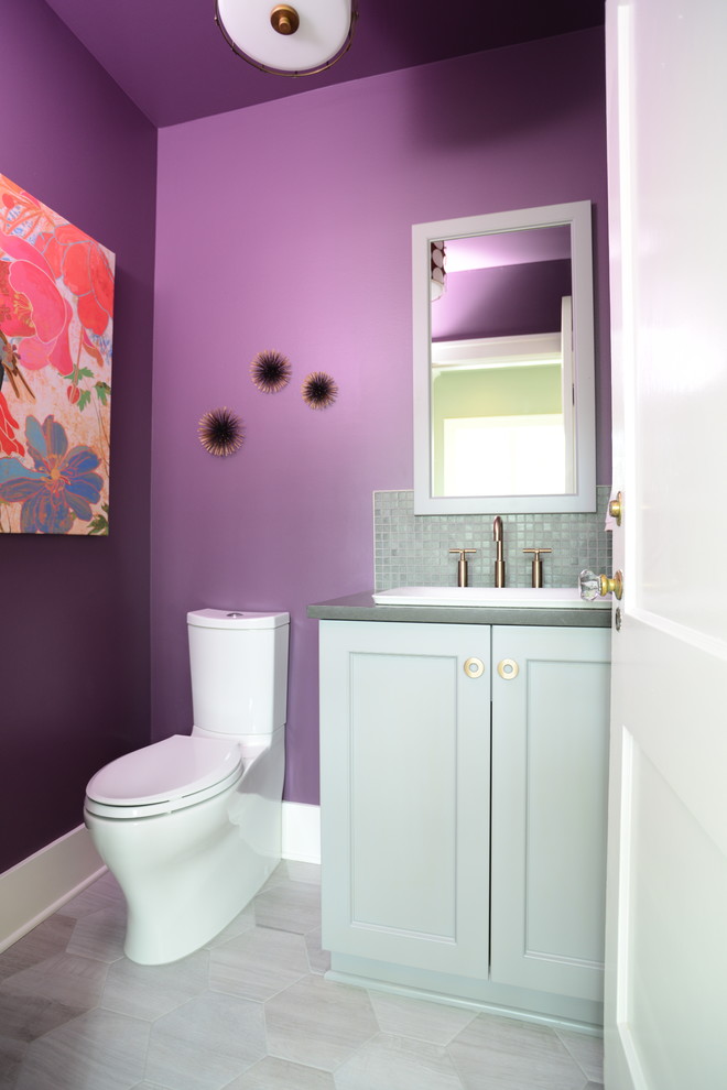 This is an example of a small traditional cloakroom in Seattle with shaker cabinets, a two-piece toilet, grey tiles, mosaic tiles, purple walls, ceramic flooring, a vessel sink, engineered stone worktops and beige cabinets.