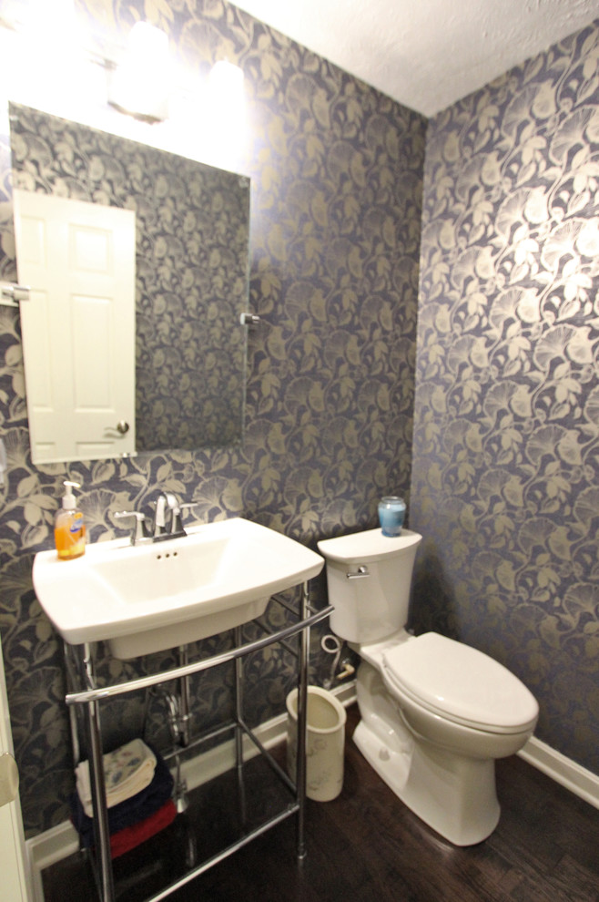 Transitional Powder Room with Metal Console Table Pedestal Sink Transitional Powder Room