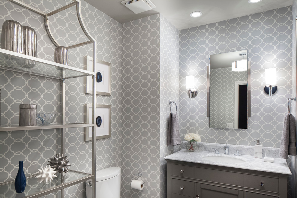 Exempel på ett litet klassiskt toalett, med grå skåp, en toalettstol med separat cisternkåpa, grå väggar, ett undermonterad handfat, marmorbänkskiva och luckor med profilerade fronter