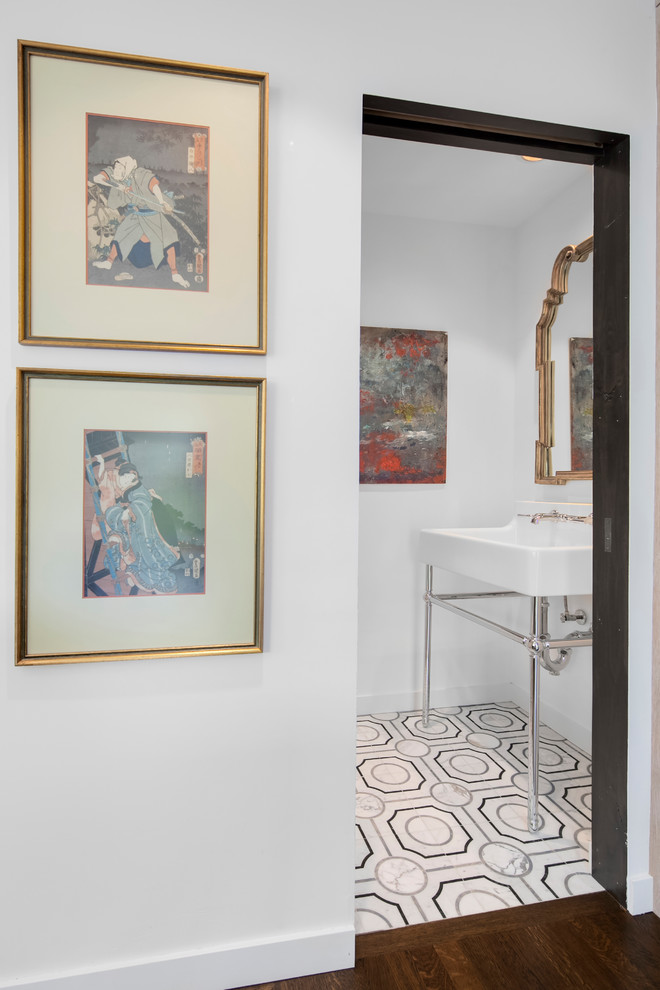 Inspiration for a small contemporary cloakroom in Seattle with open cabinets, a one-piece toilet, white tiles, white walls, marble flooring, a pedestal sink and white floors.