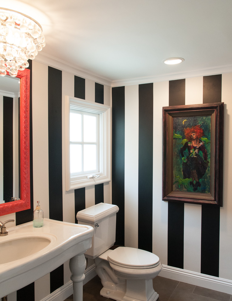 Inspiration for a transitional powder room remodel in Orange County with a console sink