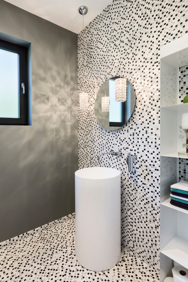 Design ideas for a contemporary cloakroom in Vancouver with a pedestal sink, multi-coloured tiles, mosaic tiles, grey walls and mosaic tile flooring.