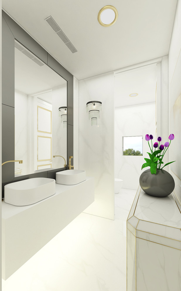 Mittelgroße Moderne Gästetoilette mit profilierten Schrankfronten, weißen Schränken, Toilette mit Aufsatzspülkasten, weißen Fliesen, Marmorfliesen, weißer Wandfarbe, Marmorboden, Aufsatzwaschbecken und Mineralwerkstoff-Waschtisch in Miami