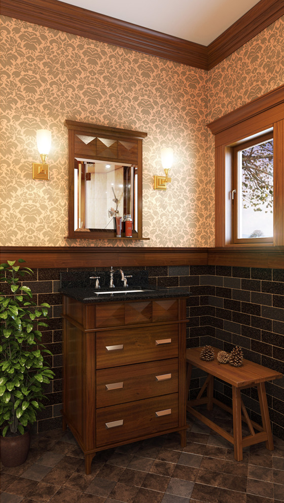Cette photo montre un petit WC et toilettes éclectique en bois brun avec un lavabo encastré, un placard en trompe-l'oeil, un plan de toilette en granite, un carrelage marron, un mur multicolore, un sol en marbre et un carrelage métro.