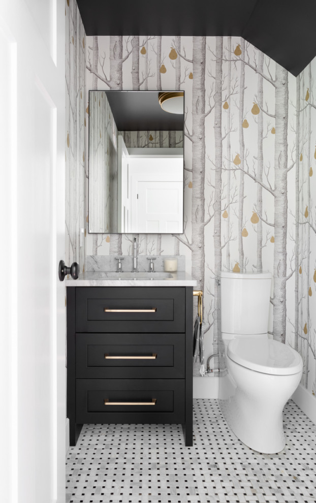 Design ideas for a small traditional cloakroom in Montreal with shaker cabinets, black cabinets, a one-piece toilet, white walls, mosaic tile flooring, a submerged sink, marble worktops, white floors, white worktops, a built in vanity unit and wallpapered walls.