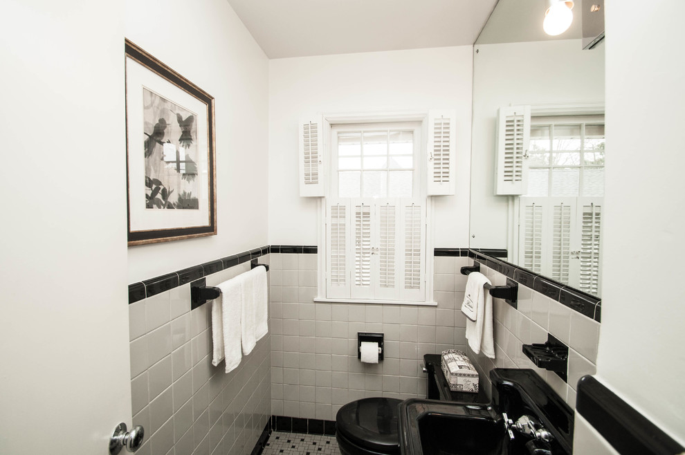 Design ideas for a small traditional cloakroom in Minneapolis with a one-piece toilet, green tiles, porcelain tiles, white walls, ceramic flooring, a pedestal sink, green floors and black worktops.