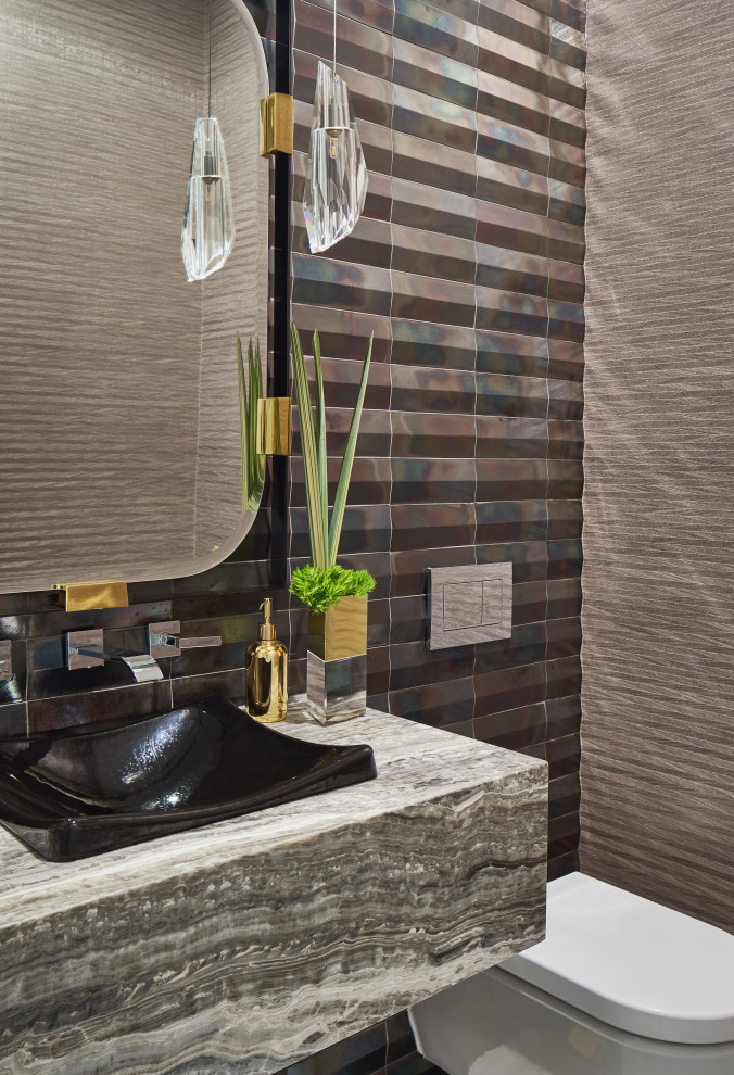 Photo of a contemporary cloakroom in Other with a wall mounted toilet, brown walls and multi-coloured worktops.