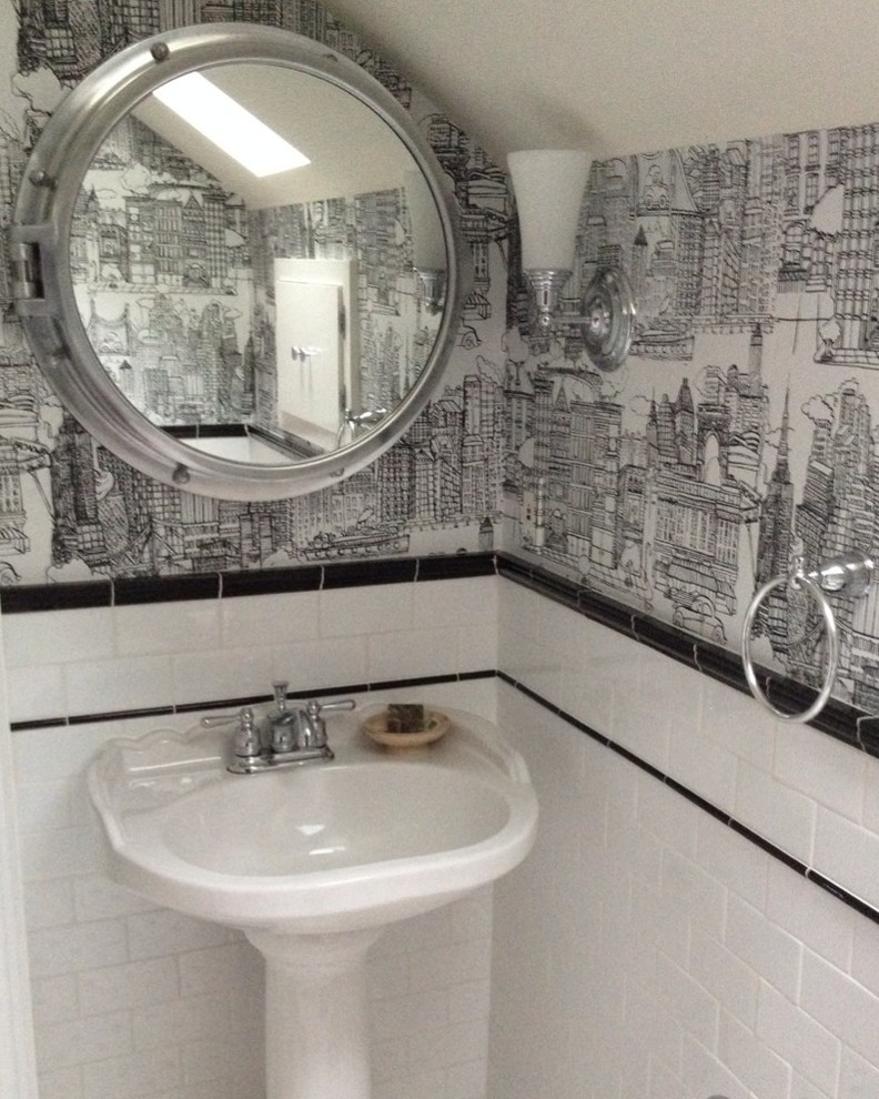 Inspiration for a transitional powder room remodel in Cleveland