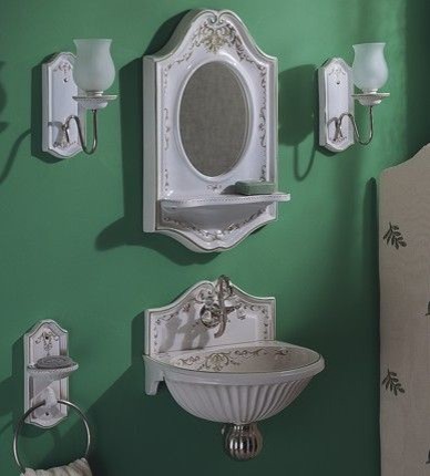 Idee per un piccolo bagno di servizio chic con lavabo sospeso e pareti verdi