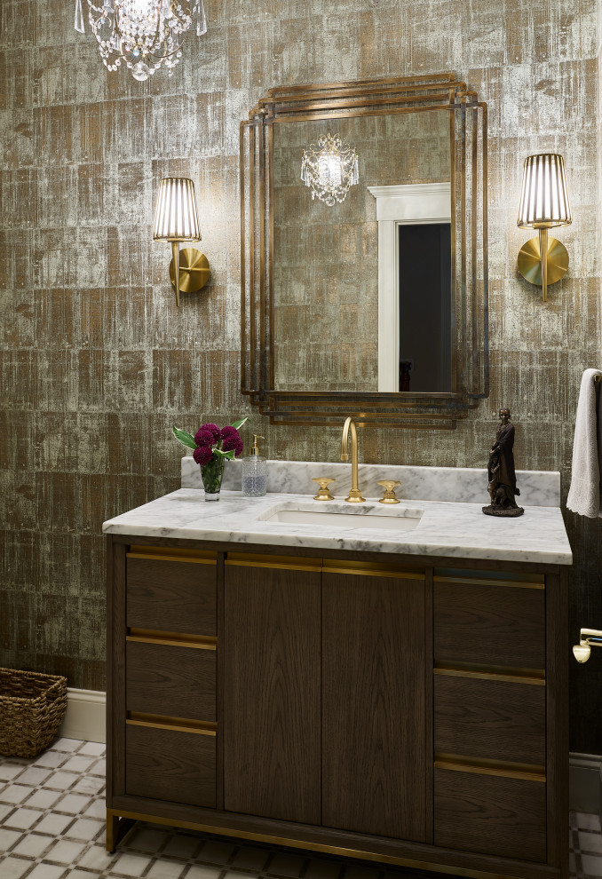 Example of a classic ceramic tile and wallpaper powder room design in Boston with a built-in vanity