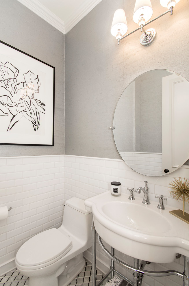 Small traditional cloakroom in Dallas with open cabinets, a one-piece toilet, white tiles, metro tiles, white walls, marble flooring, a pedestal sink, grey floors and white worktops.