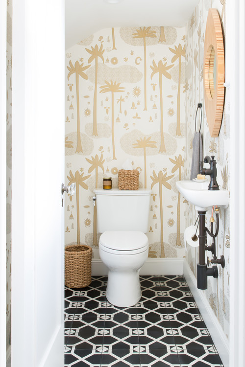 Palm Paradise: Transitional Very Small Bathroom Ideas with Palm Wallpaper and Cement Tiles