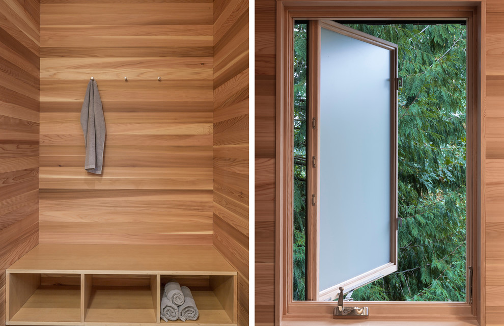 Стильный дизайн: туалет в современном стиле с плоскими фасадами, фасадами цвета дерева среднего тона и полом из сланца - последний тренд