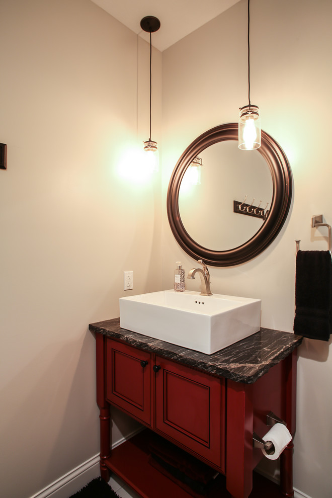 Powder room - mid-sized transitional powder room idea in Other with a vessel sink, furniture-like cabinets, red cabinets, granite countertops and white walls