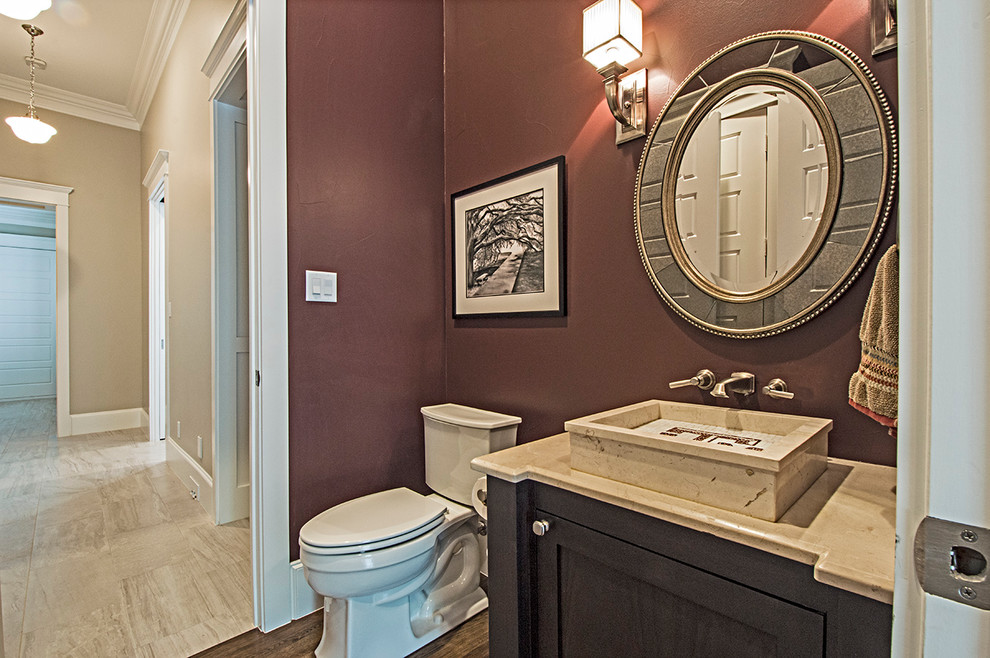 Small classic cloakroom in Dallas with a vessel sink, shaker cabinets, dark wood cabinets, marble worktops, medium hardwood flooring and purple walls.