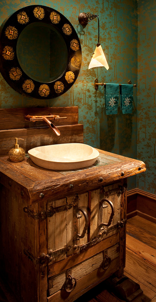 This is an example of a rustic cloakroom in Other with a vessel sink, wooden worktops and brown worktops.
