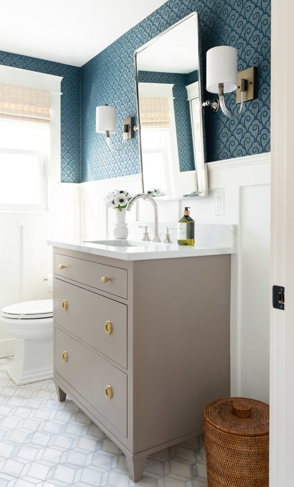 Design ideas for a coastal cloakroom in Boston with flat-panel cabinets, grey cabinets, blue walls, marble flooring, engineered stone worktops, white floors and white worktops.