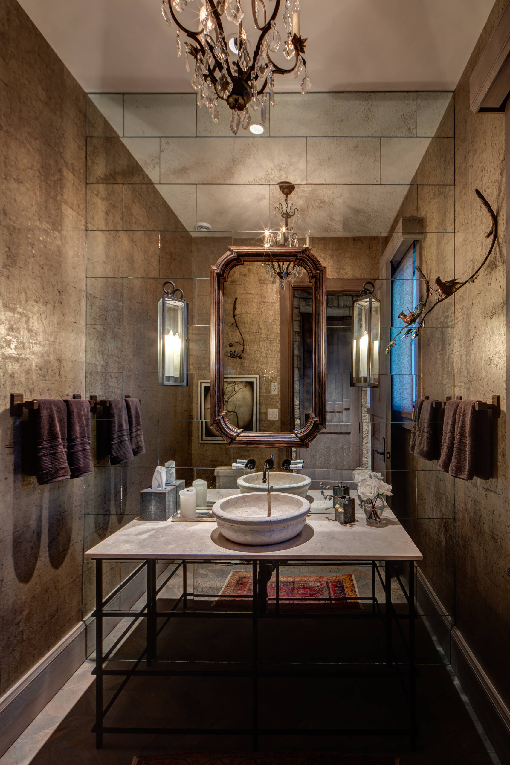 wallpaper mirrored wall on 75 Beautiful Mirror Tile Powder Room Pictures Ideas June 2021 Houzz