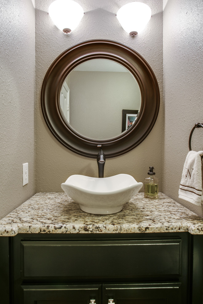 Small transitional powder room photo in Dallas with a vessel sink, furniture-like cabinets, granite countertops, beige walls and green cabinets
