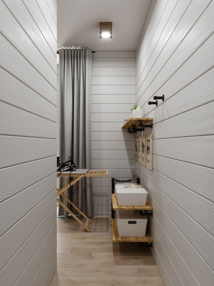 Ispirazione per una piccola sala lavanderia country con pareti bianche, pavimento con piastrelle in ceramica e pavimento beige