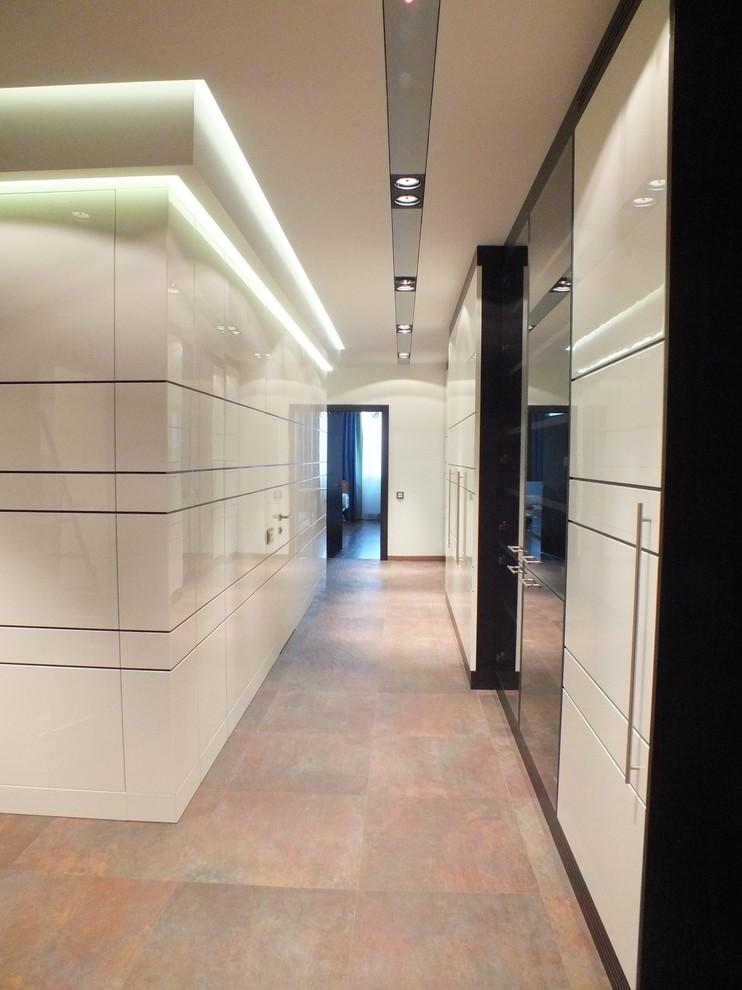 Inspiration pour une entrée design de taille moyenne avec un couloir, un mur blanc, un sol en carrelage de céramique et un sol marron.