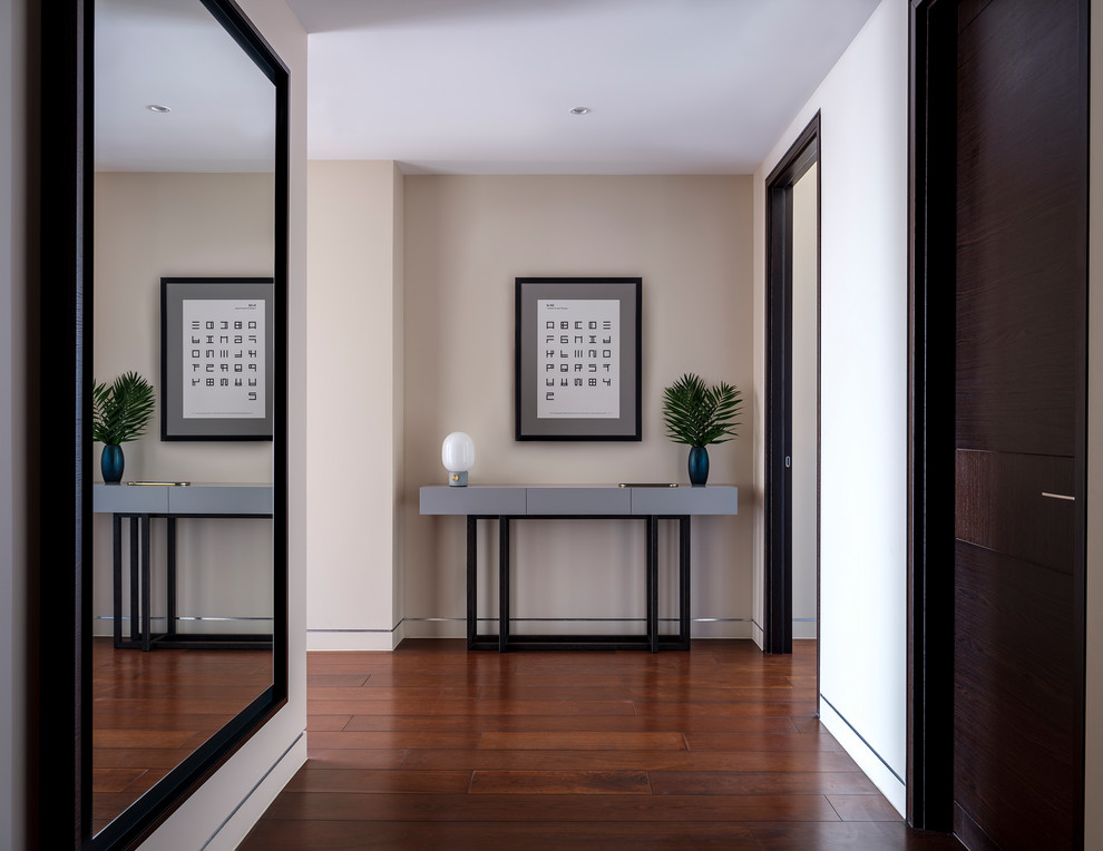 Contemporary foyer in Moscow with dark hardwood flooring and brown floors.