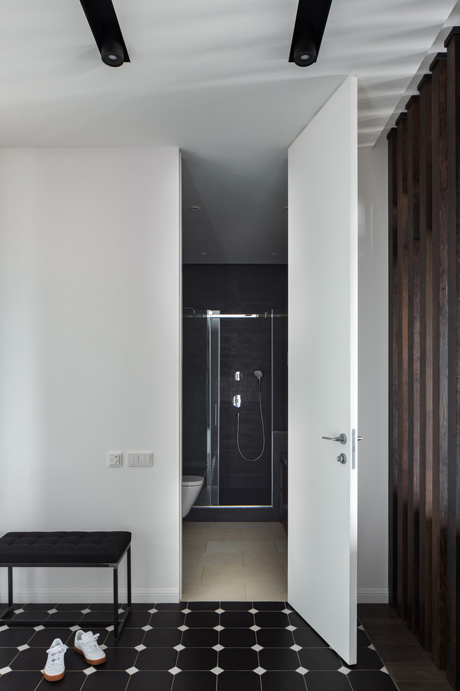 Cette photo montre une petite entrée tendance avec un couloir, un mur blanc, un sol en carrelage de porcelaine, une porte simple, une porte blanche et un sol noir.