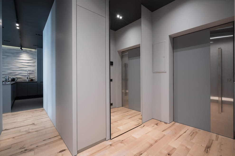 Foto på en funkis ingång och ytterdörr, med grå väggar, en enkeldörr, en grå dörr och beiget golv