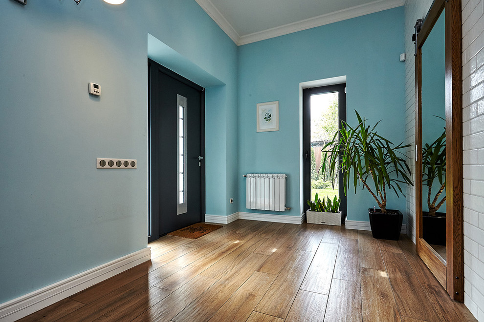 Пример оригинального дизайна: входная дверь с синими стенами, одностворчатой входной дверью и черной входной дверью