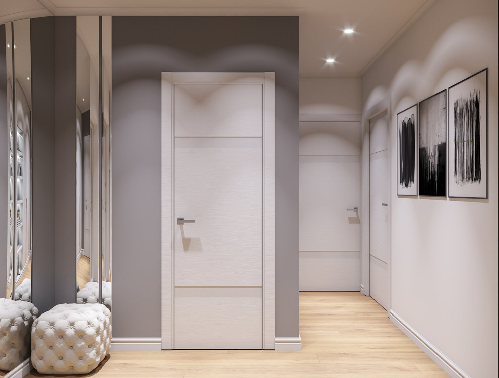 Идея дизайна: входная дверь среднего размера в современном стиле с серыми стенами, полом из ламината, одностворчатой входной дверью, белой входной дверью, бежевым полом, многоуровневым потолком и обоями на стенах