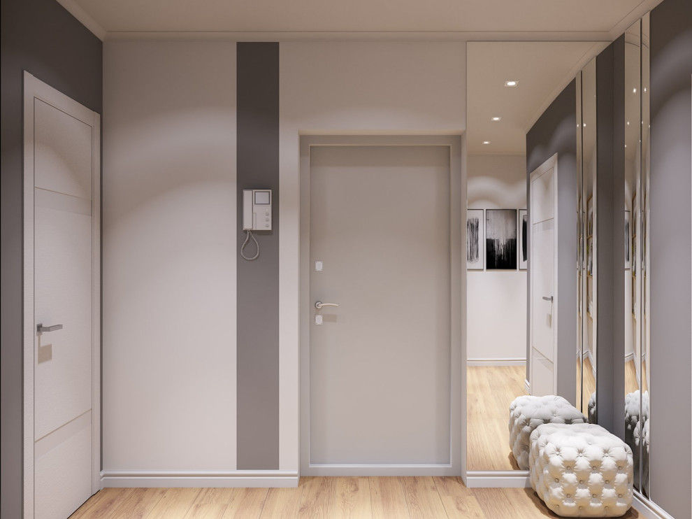 Ejemplo de puerta principal contemporánea de tamaño medio con paredes grises, suelo laminado, puerta simple, puerta blanca, suelo beige, bandeja y papel pintado