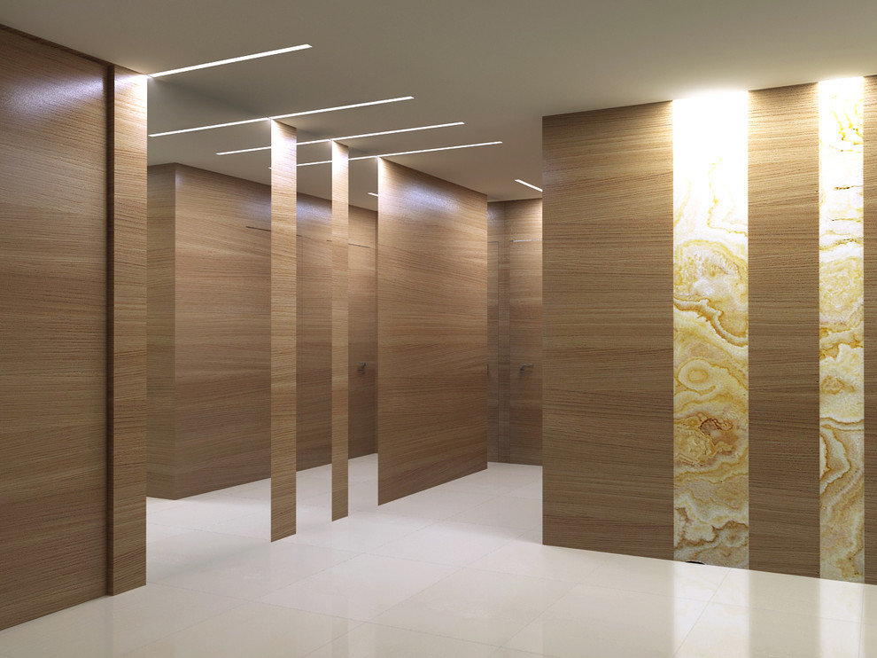 Idées déco pour une entrée contemporaine de taille moyenne avec un couloir, un mur marron, un sol en carrelage de porcelaine et une porte marron.