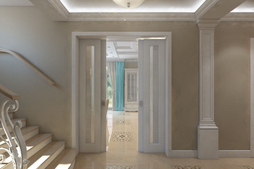 Idee per un ingresso con vestibolo classico di medie dimensioni con pareti beige, pavimento in gres porcellanato, una porta singola, una porta marrone e pavimento beige