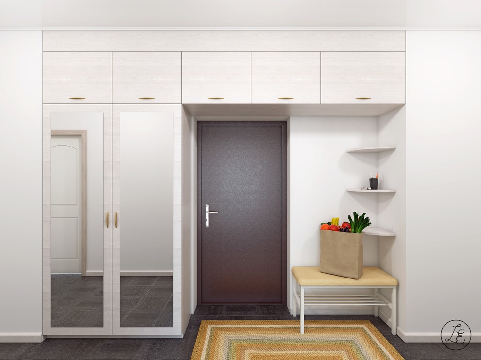 Kleiner Klassischer Eingang mit Korridor, beiger Wandfarbe, Keramikboden, Einzeltür, Haustür aus Metall und braunem Boden in Sonstige