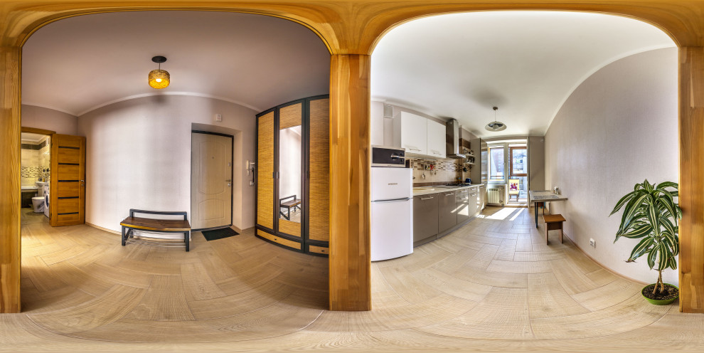 Moderne Haustür mit beiger Wandfarbe, Porzellan-Bodenfliesen, Einzeltür und beigem Boden in Sonstige