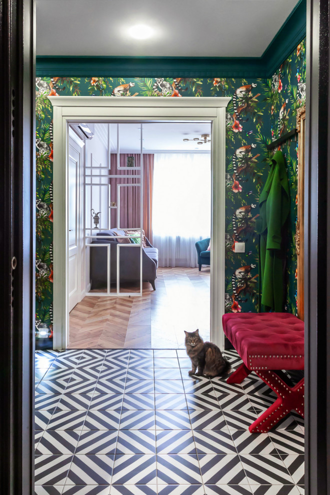 Inspiration for a medium sized classic front door in Moscow with multi-coloured walls, porcelain flooring, a single front door, a black front door and black floors.