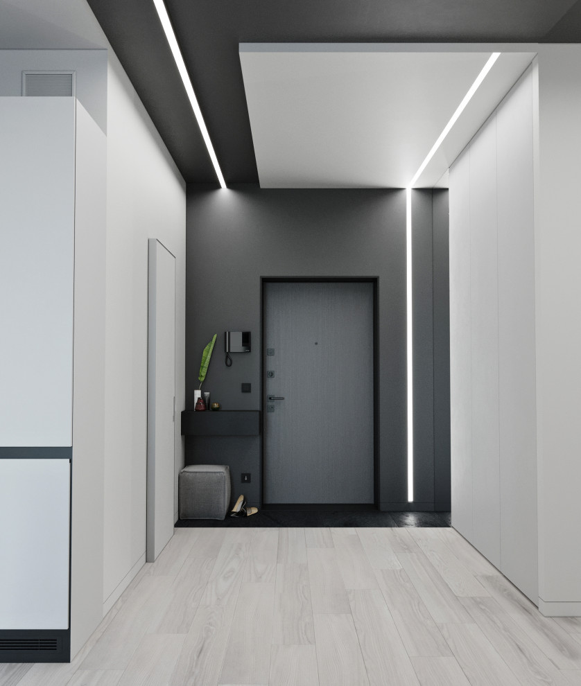 На фото: входная дверь среднего размера в современном стиле с белыми стенами, светлым паркетным полом, серым полом, одностворчатой входной дверью и черной входной дверью с