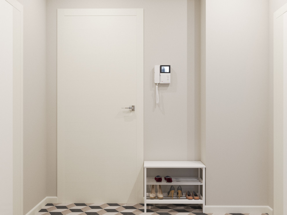 Inspiration för små moderna entréer, med beige väggar, klinkergolv i keramik och beiget golv