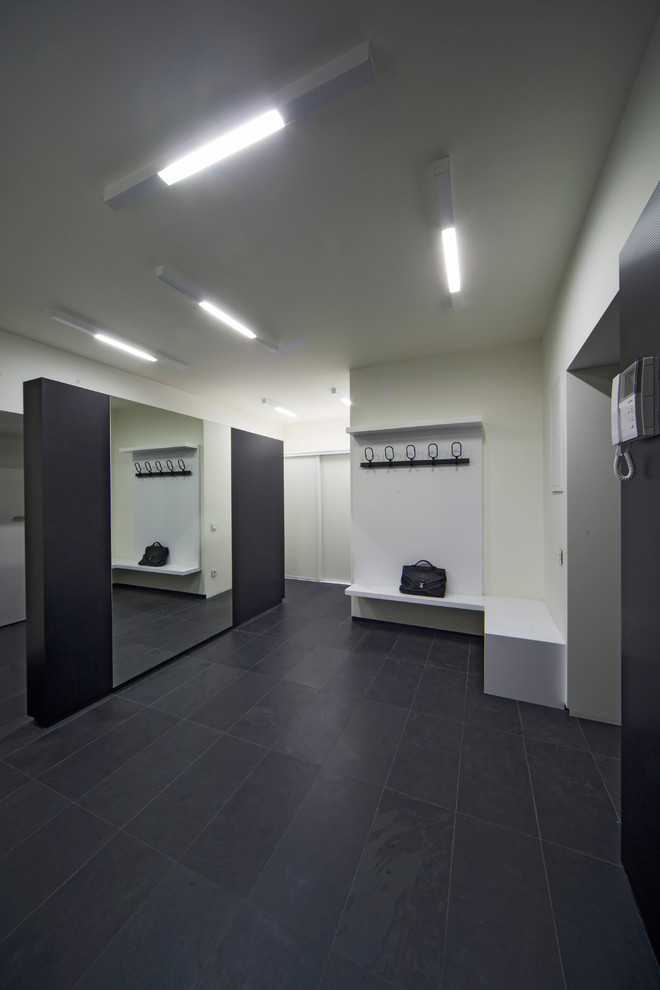 Идея дизайна: узкая прихожая среднего размера в современном стиле с белыми стенами, полом из сланца, одностворчатой входной дверью, черной входной дверью и черным полом