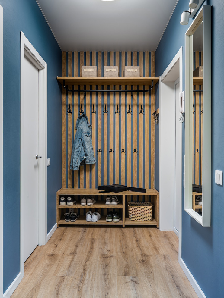 Источник вдохновения для домашнего уюта: вестибюль среднего размера с синими стенами, полом из винила, одностворчатой входной дверью, белой входной дверью и бежевым полом