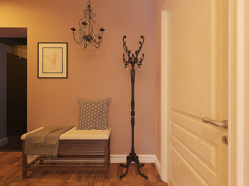 Источник вдохновения для домашнего уюта: маленькая прихожая в скандинавском стиле с розовыми стенами, темным паркетным полом, одностворчатой входной дверью, коричневой входной дверью и коричневым полом для на участке и в саду