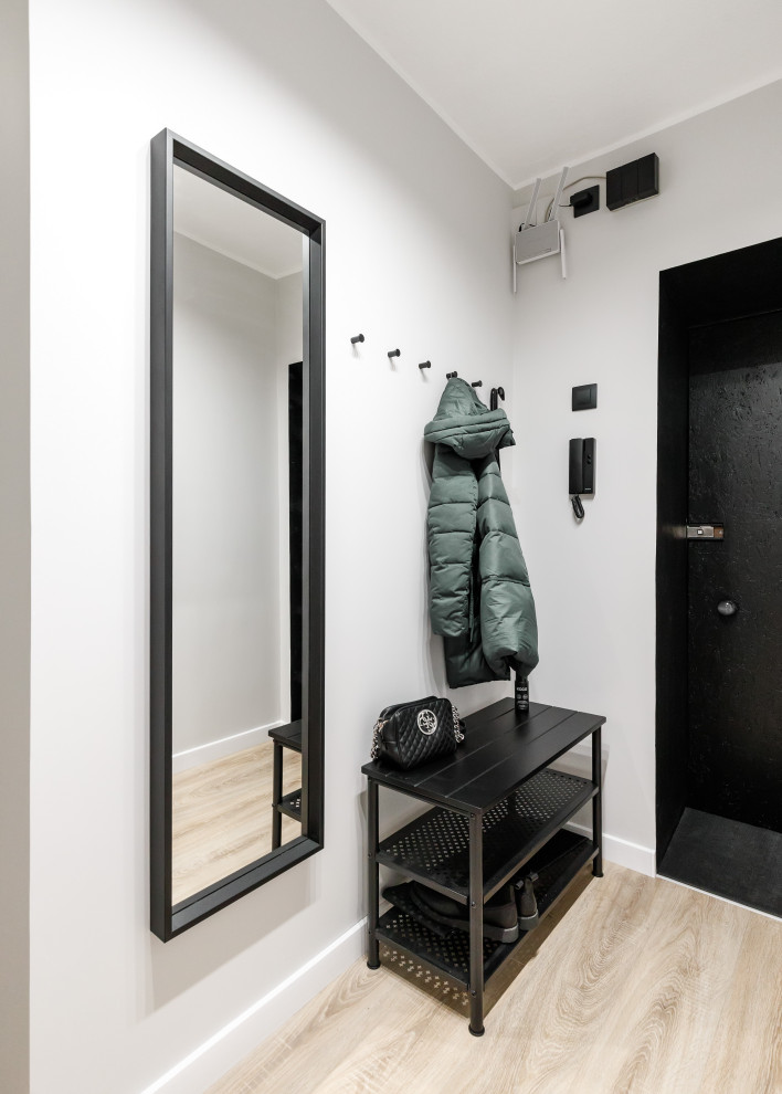 Example of a small trendy laminate floor and brown floor entryway design in Saint Petersburg with gray walls and a black front door