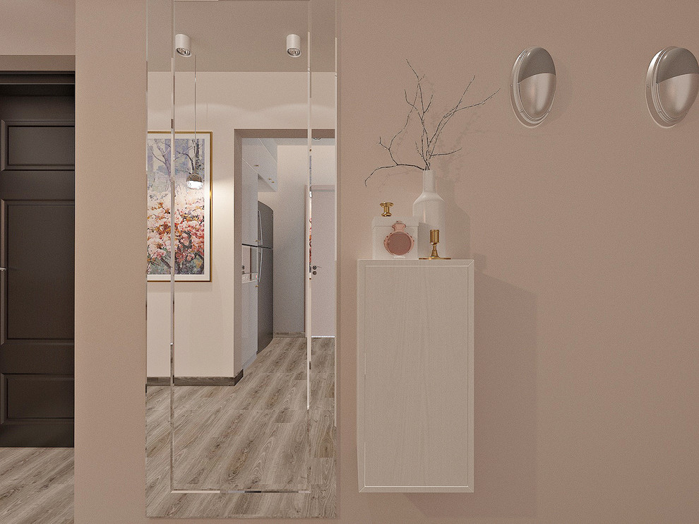 他の地域にあるお手頃価格の小さなコンテンポラリースタイルのおしゃれな玄関 (ピンクの壁、磁器タイルの床、濃色木目調のドア、グレーの床) の写真