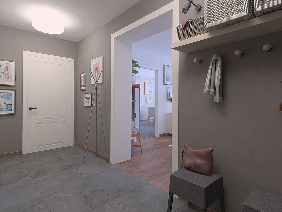 Источник вдохновения для домашнего уюта: прихожая среднего размера в скандинавском стиле с серыми стенами, полом из керамогранита, одностворчатой входной дверью, черной входной дверью и серым полом