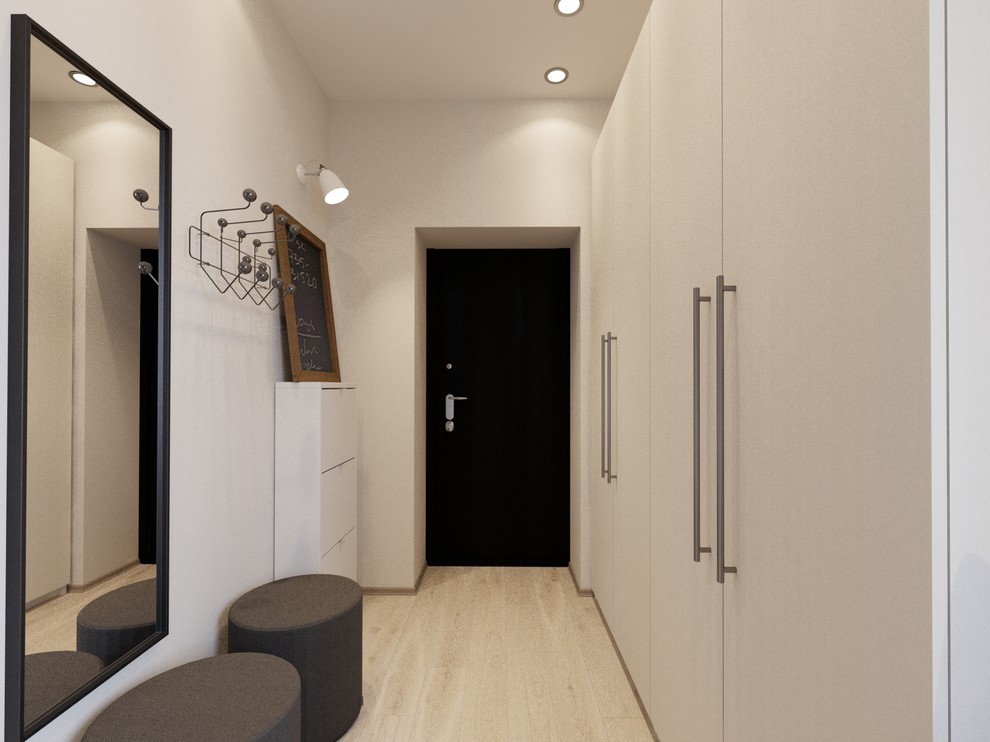 Photo of a medium sized scandi entrance in Other with a single front door, a black front door, white walls, laminate floors and grey floors.