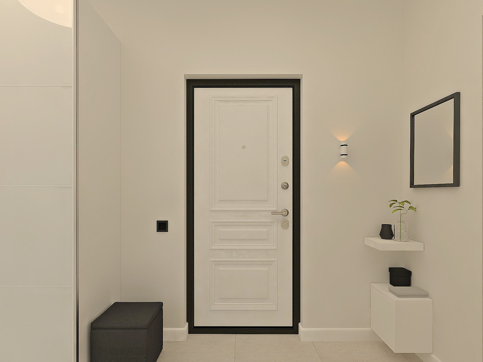 Esempio di un ingresso o corridoio scandinavo di medie dimensioni con pareti bianche, pavimento in gres porcellanato, una porta singola, una porta bianca e pavimento beige
