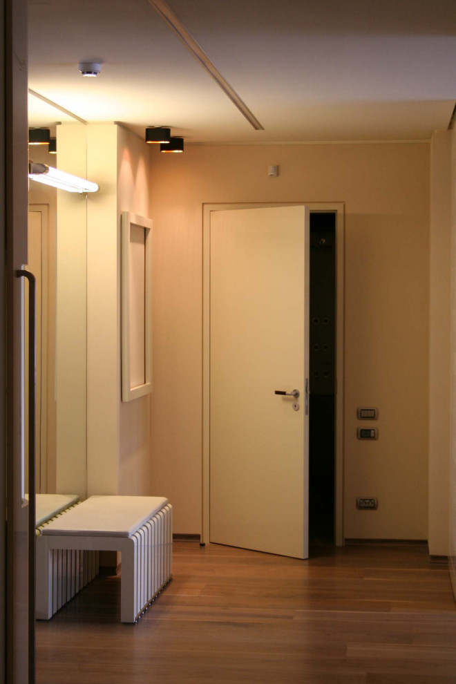 Пример оригинального дизайна: большая узкая прихожая в современном стиле с бежевыми стенами, паркетным полом среднего тона, одностворчатой входной дверью, входной дверью из темного дерева и коричневым полом