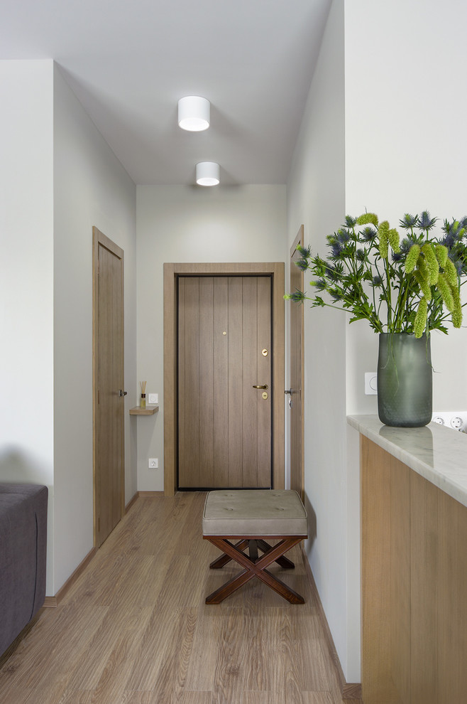Foto de puerta principal contemporánea pequeña con paredes grises, suelo de madera clara, puerta simple y puerta de madera en tonos medios