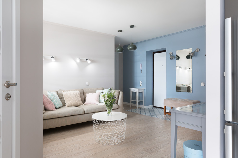 Small scandi front door in Moscow with blue walls, ceramic flooring, a single front door, a white front door and turquoise floors.