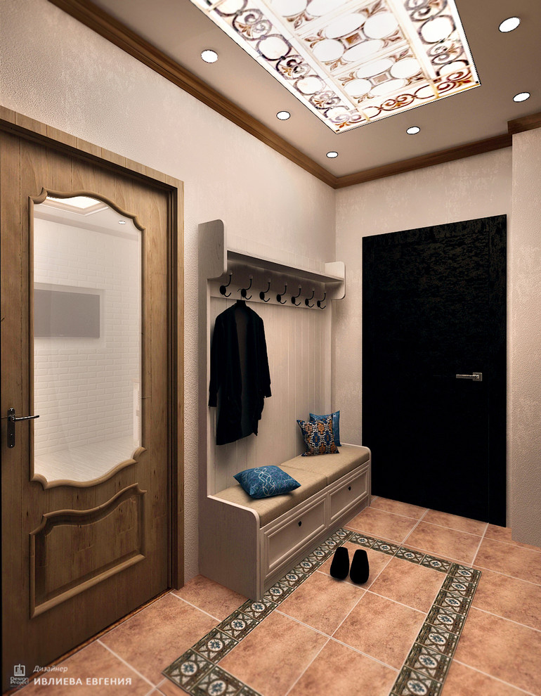 This is an example of a medium sized mediterranean foyer in Moscow with white walls, terracotta flooring, a single front door, a dark wood front door and beige floors.
